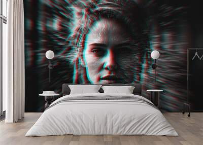 woman with mental disorders and paranoia in depression and stress. Black and white with 3D glitch virtual reality effect. Generative AI Wall mural