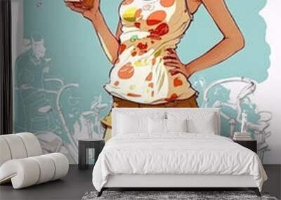 young sexy girl with ice cream in hand in summer. Cartoon style. Generative AI Wall mural