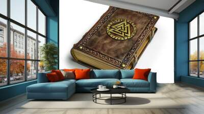 Vintage leather book with gilded Odin's symbol, surrounded with runes. English translation of the runes is: A B C D E F G H I J K L M N O P Q R S T U V W X Y Z Wall mural