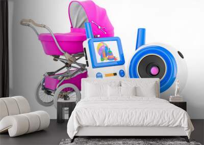 Baby cam, audio baby monitor with baby pram, 3D rendering Wall mural