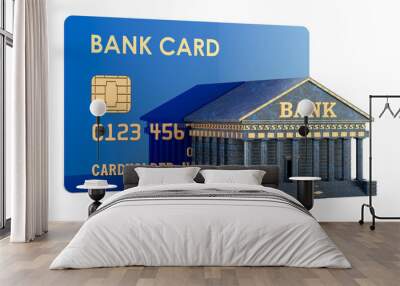 Bank building with credit bank card, 3D rendering isolated on transparent background Wall mural