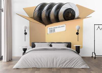 Cardboard box with car disc brake rotors, 3D rendering Wall mural