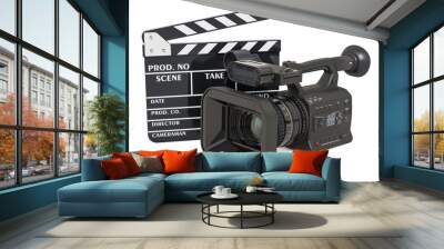 Cinema concept. Professional video camera with clapperboard, 3D rendering Wall mural