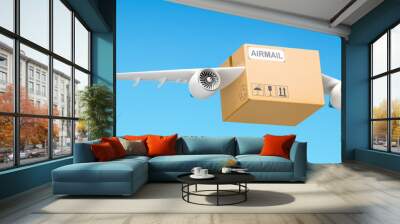 Delivery concept. Parcel with wings flying in the sky, 3D rendering Wall mural