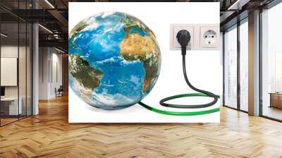 Earth Globe with power plug into electrical socket. Green energy concept. 3D rendering Wall mural