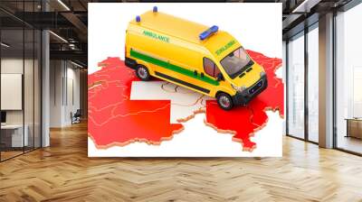 Emergency medical services in Switzerland. Ambulance van on the Swiss map. 3D rendering Wall mural