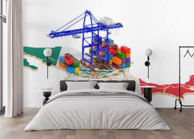 Freight Shipping in Mexico concept. Harbor cranes with cargo containers on the Mexican map. 3D rendering Wall mural