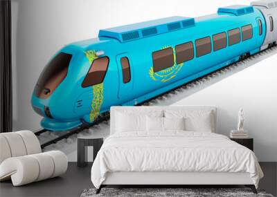 Kazakh flag painted on the high speed train. Rail travel in the Kazakhstan, concept. 3D rendering Wall mural