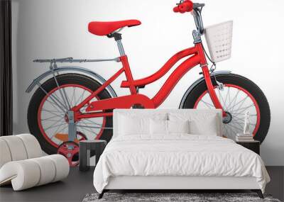 Kids Bicycle with training wheels and basket, red color. 3D rendering Wall mural