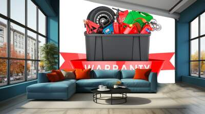 Plastic box full of car tools, equipment and accessories, warranty concept. 3D rendering Wall mural