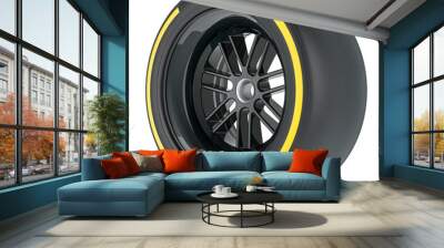 Racing Wheel with Yellow Medium, Compound type tyre, 3D rendering isolated on transparent background Wall mural