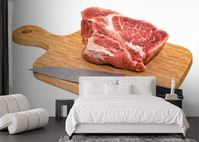 Raw meat, pork lies on a wooden board next to a knife, 3D rendering Wall mural