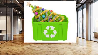 Recycling trashcan with Christmas Tree. Recycle Christmas Tree concept, 3D rendering Wall mural