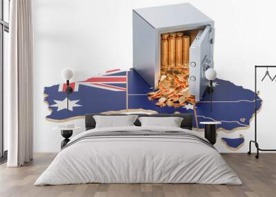 Safe box with golden coins on the map of Australia, 3D rendering Wall mural