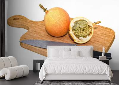 Sweet granadilla lies on a wooden board next to a knife, 3D rendering Wall mural