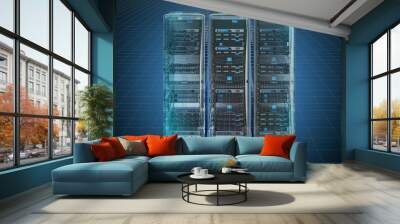 Visualization 3d cad model of Computer Server Racks, blueprint. 3D rendering Wall mural