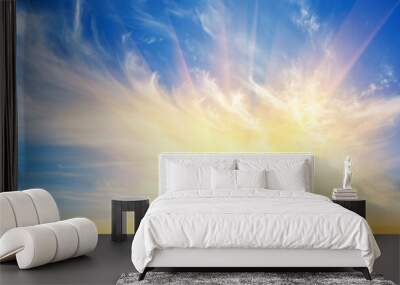 Panorama of sunset dramatic sky with bright sun Wall mural