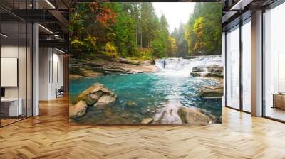 Waterfall on mountain river in the forest Wall mural