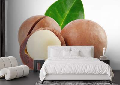 Whole and open australian macadamia nut with green leaf Wall mural