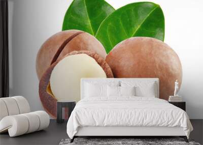 Whole and open australian macadamia nut with two green leaf Wall mural