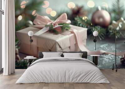 A beautifully wrapped gift box with a pink ribbon sits on a snowy surface, surrounded by soft glowing lights in the background, creating a festive and enchanting atmosphere Wall mural