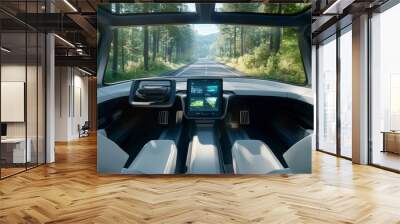 Experience the future of travel with showcasing an autonomous vehicle's sleek interior gliding through a tree-lined road, with no driver at the wheel Wall mural