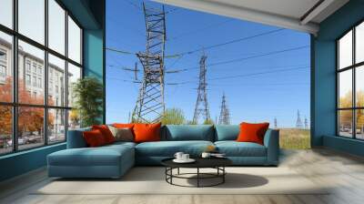 Power lines with towers in the middle of a field on a summer day Wall mural