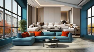 beautifully designed modern living room featuring spacious sectional sofa, elegant decor, and large windows that invite natural light. neutral color palette creates serene atmosphere Wall mural