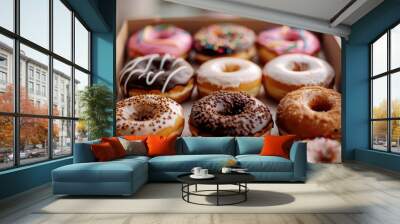 Delight in neatly packed box of colorful donuts featuring vibrant icing and various toppings, perfect for any sweet occasion Wall mural