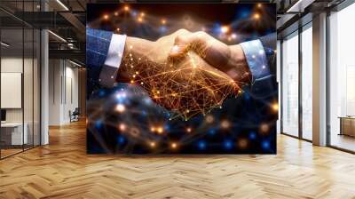 Hands shaking in professional setting, symbolizing successful business deal and collaboration, with digital network overlay representing connection and partnership Wall mural