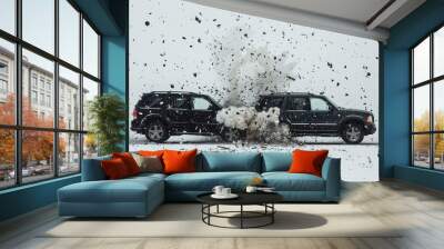 High speed collision between two cars in snowy conditions, showcasing impact and debris flying. scene captures intensity and danger of car accidents Wall mural