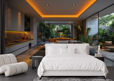 modern living room featuring stylish sofa, elegant lighting, and lush indoor plants creates serene atmosphere. open layout connects to vibrant outdoor space, enhancing relaxation Wall mural