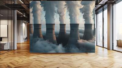 Nuclear power station with tall cooling towers releasing steam into atmosphere, surrounded by clouds, showcasing industrial energy production and environmental impact Wall mural