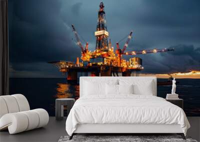 Oil platform at dusk with industrial lights illuminating scene, reflecting on water. dramatic sky adds to atmosphere of this offshore structure Wall mural