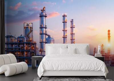 Oil refinery with complex piping and large storage tanks illuminated at sunset, showcasing industrial architecture and technology Wall mural