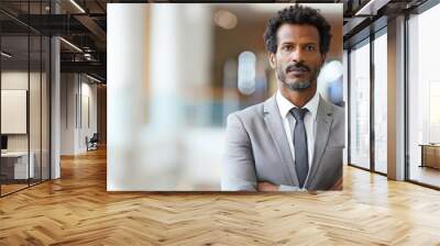 Professional man in gray suit with arms crossed, exuding confidence and determination in modern office environment Wall mural