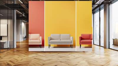 Stylish pastel sofas in modern setting against vibrant colored walls create cheerful atmosphere. combination of colors and design adds fresh touch to any space Wall mural