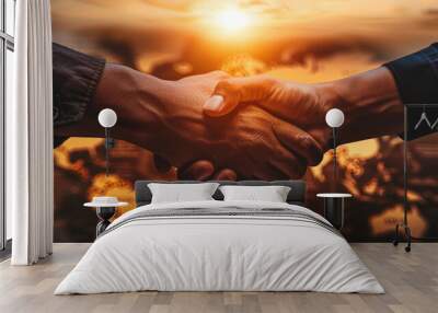 successful business partnership is symbolized by firm handshake against backdrop of world map, representing global collaboration and unity Wall mural