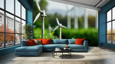 Sustainable energy is represented by small wind turbines amidst lush green plants, showcasing harmonious blend of technology and nature. This captures essence of renewable energy Wall mural