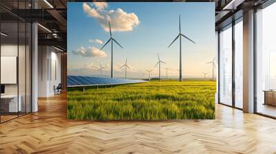 Sustainable energy landscape featuring solar panels and wind turbines under clear blue sky. scene captures harmony between technology and nature, promoting renewable energy solutions Wall mural