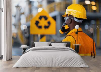 worker in safety helmet and mask stands in petrochemical facility, emphasizing safety and environmental awareness. background features industrial elements Wall mural