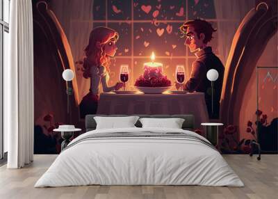  Valentine´s Day Dinner. Cartoon style couple enjoying a romantic dinner at a candlelit table set with red and pink rose petals Wall mural