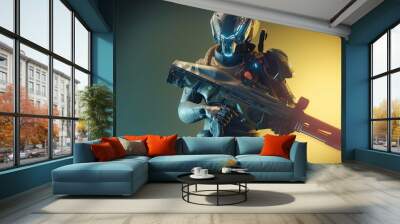 Futuristic game character hero soldier in armor wears night vision helmet holds assault rifle weapon on night light dangerous cyberpunk game play cinematic scene. Generative AI Wall mural