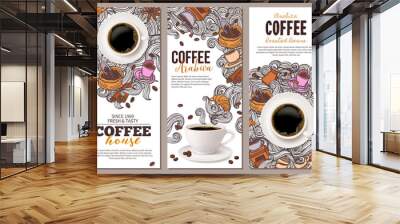 Coffee advertising banners design set with coffee cup and hand drawn doodle beans, croissant, mug of beverage and swirls in steam. Vertical templates with mixing realistic and cartoon sketch styles Wall mural