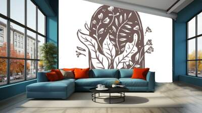 Flowers, plants, leaves and foliage under glass cap or tray. Symbol of safe, save, ecology and environmental conservation, florarium. Creative and romantic concept for logo, emblem in drawn style Wall mural