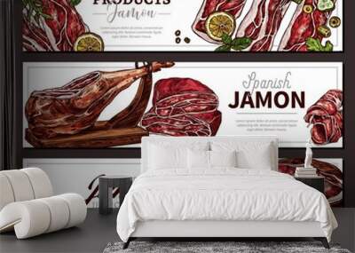 Hand darwn sketch vector layout and templates with farm meat products, pork, slices of spanish jamon, finger food and greenery. Set of horizontal banners for business Wall mural