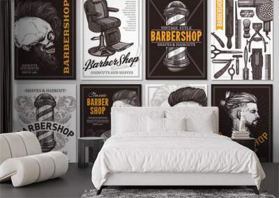 Hand drawn  vector barber shop banners with sketch engraving illustration. Monochrome templates set of poster design for hair salon Wall mural