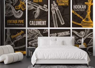 Set of vector hand drawn posters with tobacco and smoking collection: cigarettes, cigars, hookah, tobacco leaves, pipes. Collection of trendy sketch cards with typographic on the chalkboard Wall mural