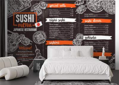 Sushi And Japanese Food Restaurant Menu In Sketch Hand Drawn Style On Chalkboard Wall mural