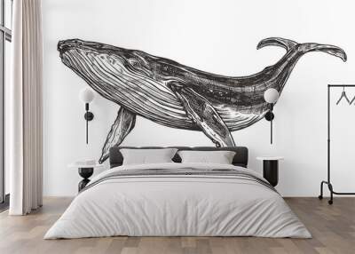 Vector hand drawn illustration of  humpback whale. Sketch detailed engraving style Wall mural